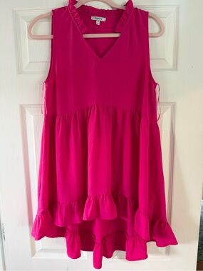 JODIFL Fuchsia Tiered Ruffle V-Neck Sleeveless Dress